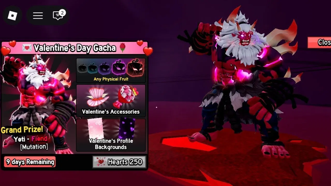 情人節轉蛋（Valentines Gacha）介面：雪怪—惡魔（Yeti – Fiend）