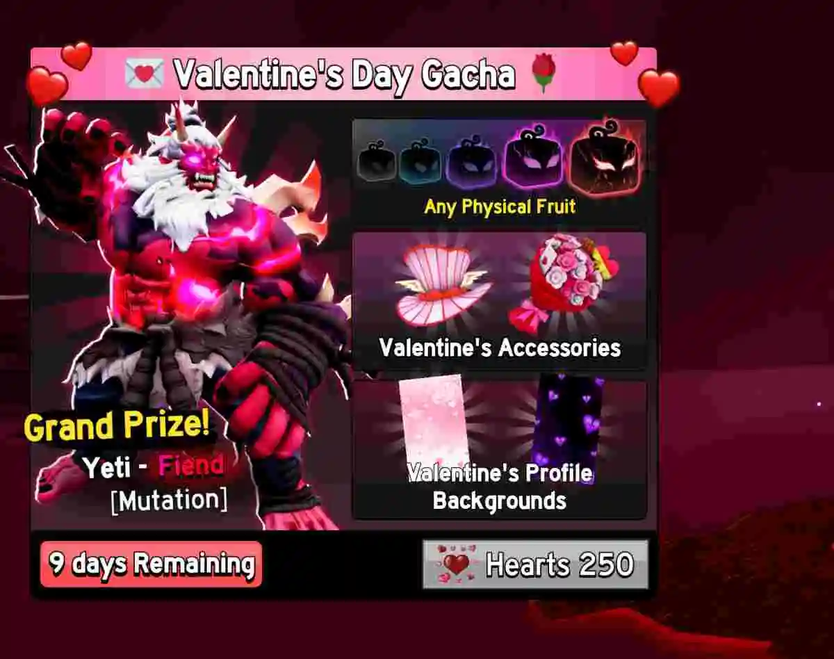 情人節扭蛋（Valentine's Day Gacha）介面，顯示 250 Hearts